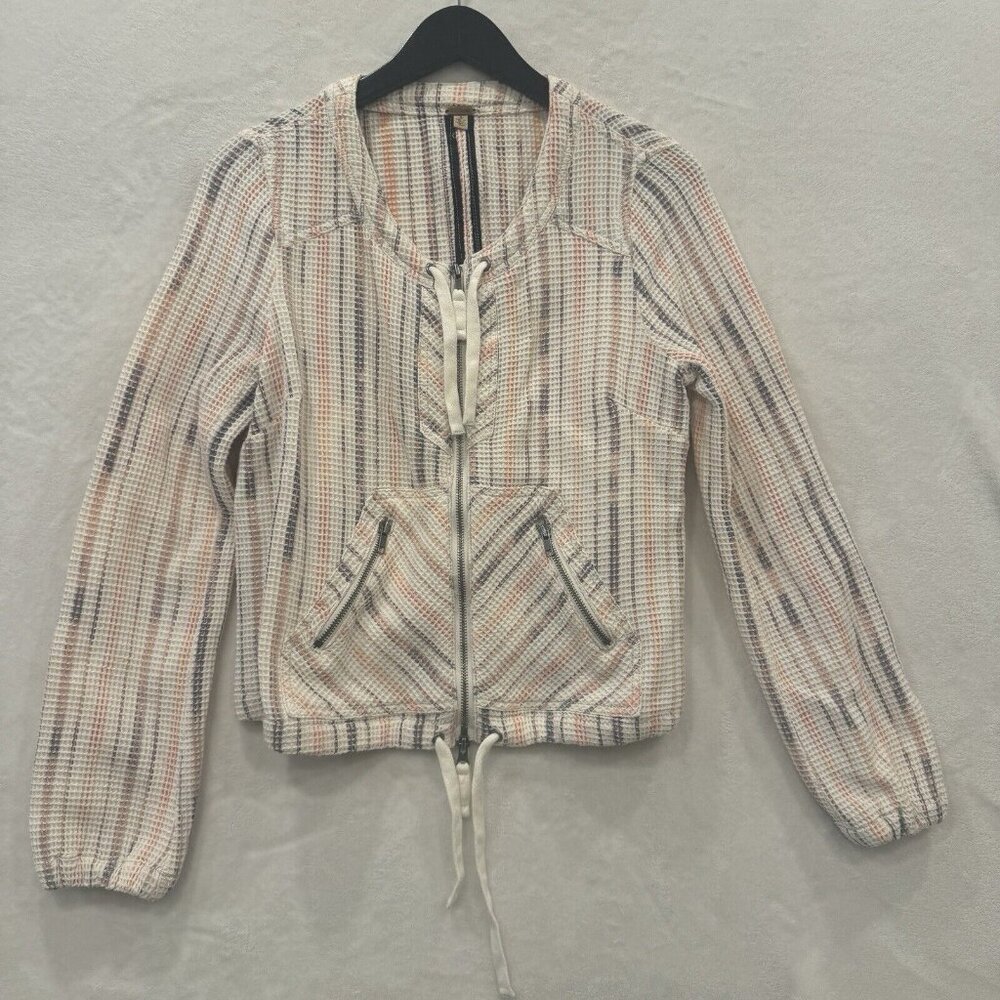 Free People Peach Stripe Waffle Knit Zip Up Jacket Size S EUC